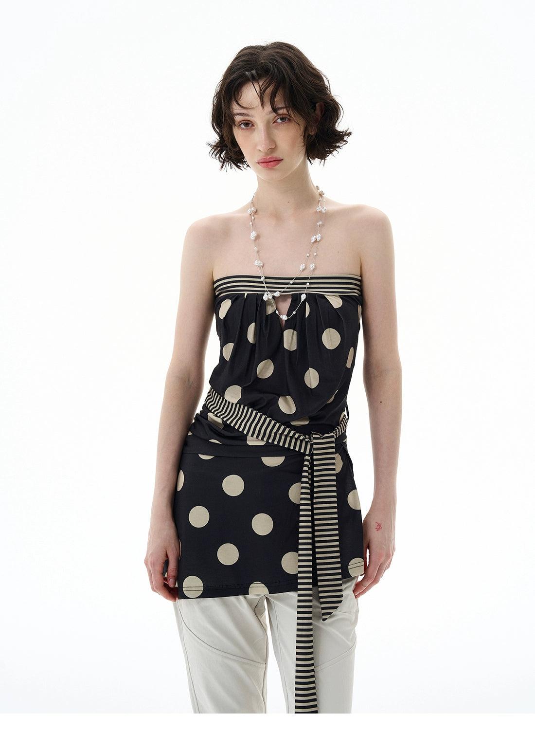 Striped Waist Strap Polka Dot Tube Top