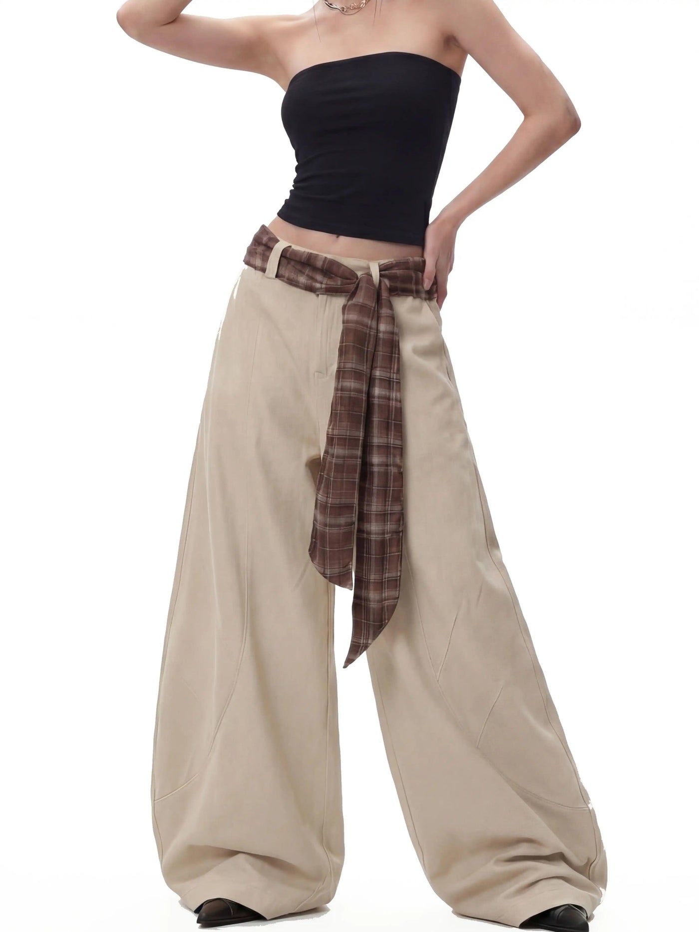 Plaid Belt Structured Wide Leg Pants