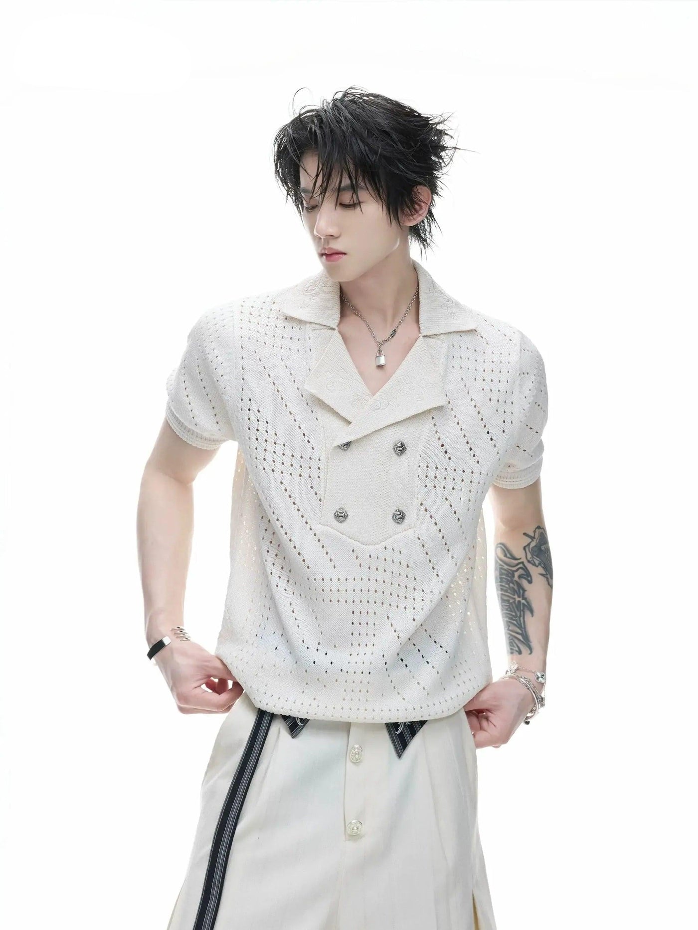 Patterned Cutout Knit Polo