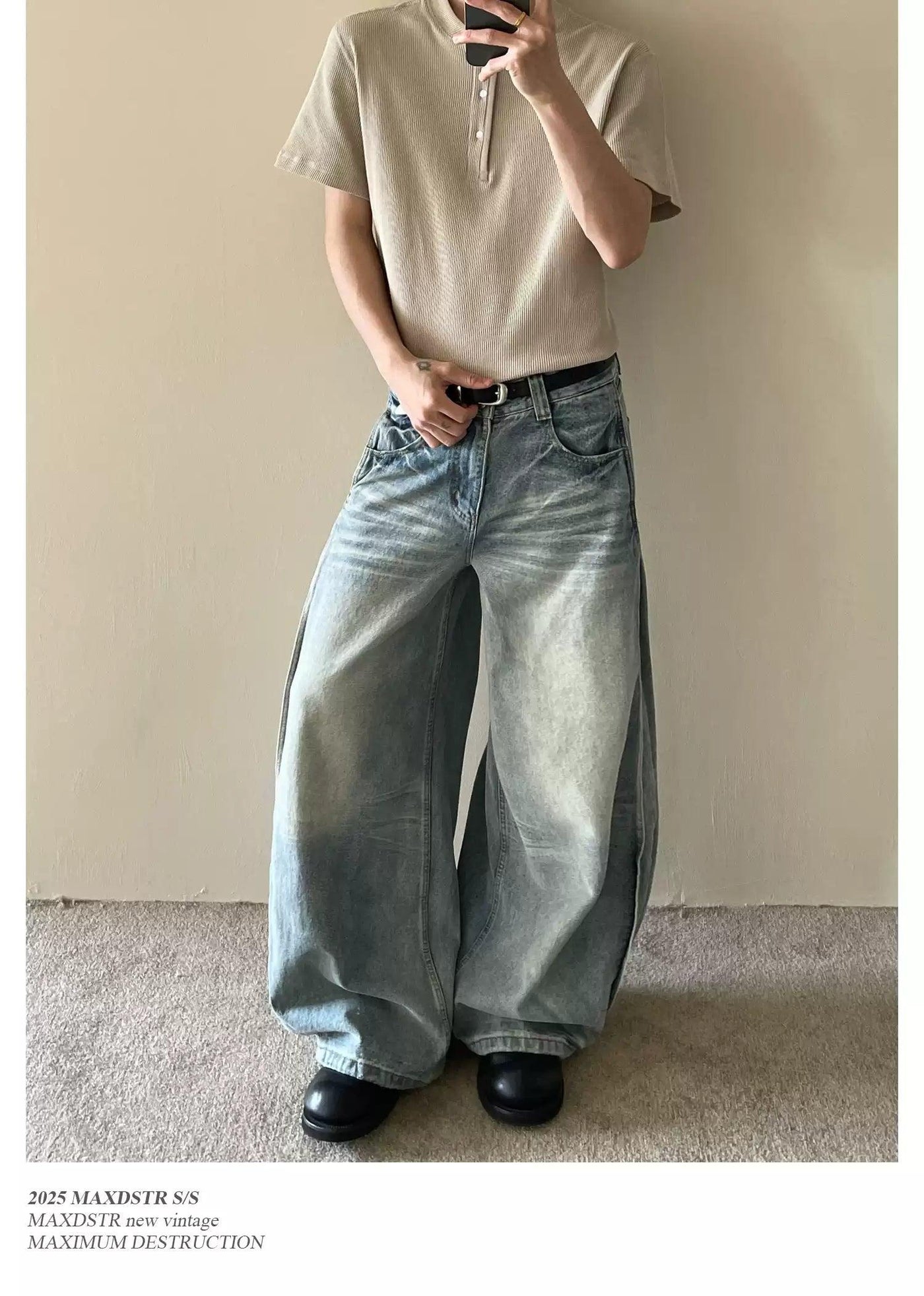 Whiskered Pleats Wide Leg Jeans