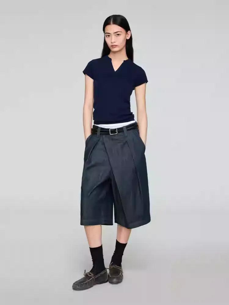 Slant Placket Wide Denim Shorts