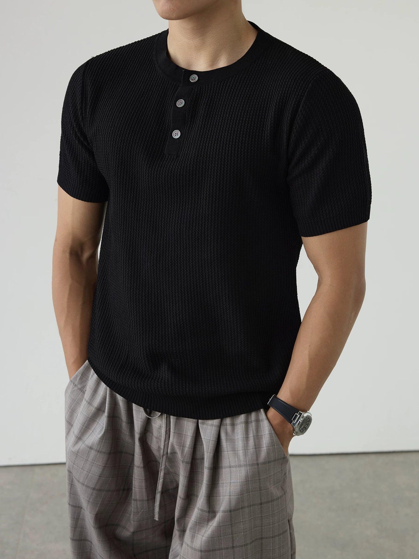 Ribbed Knit Henley T-Shirt