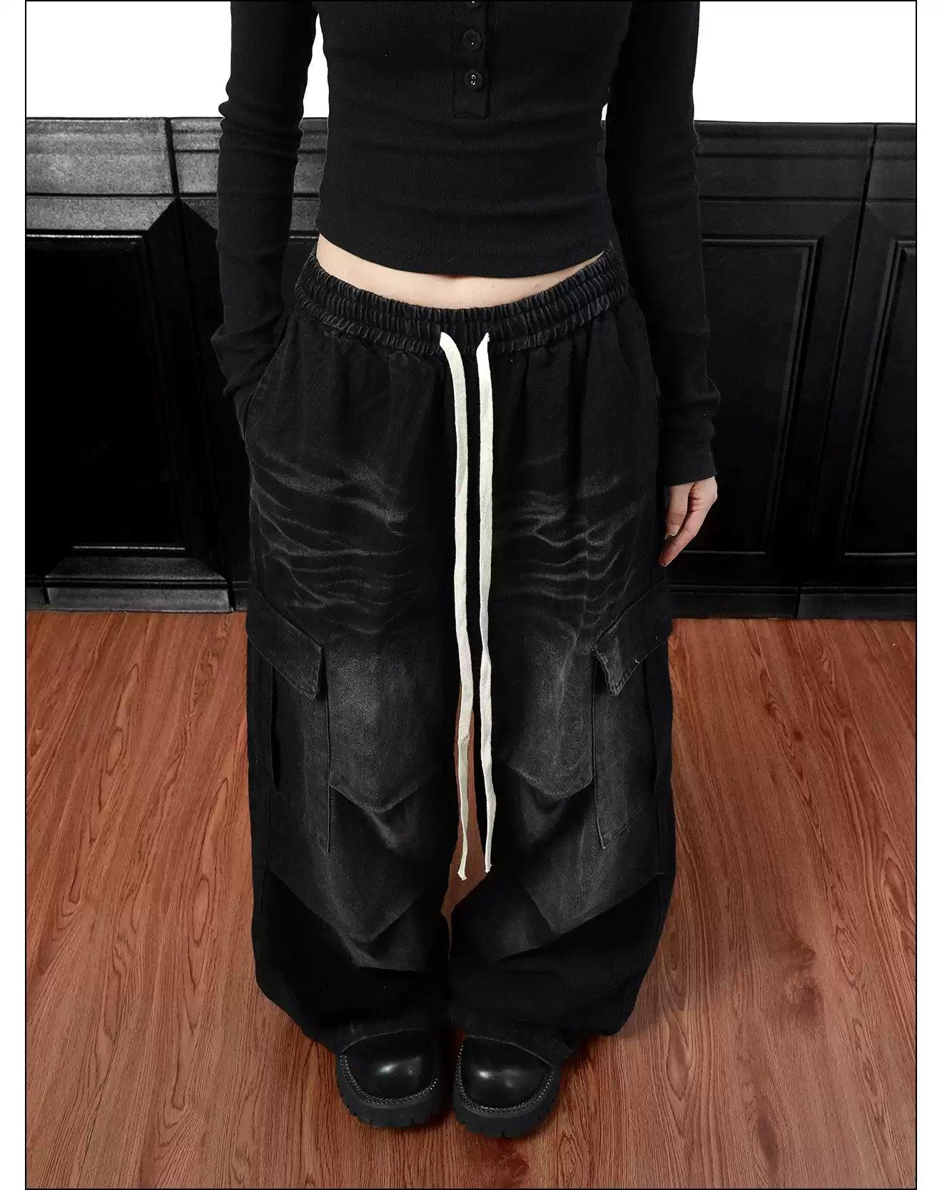 Faded Drawstring Pleated Cargo Jeans