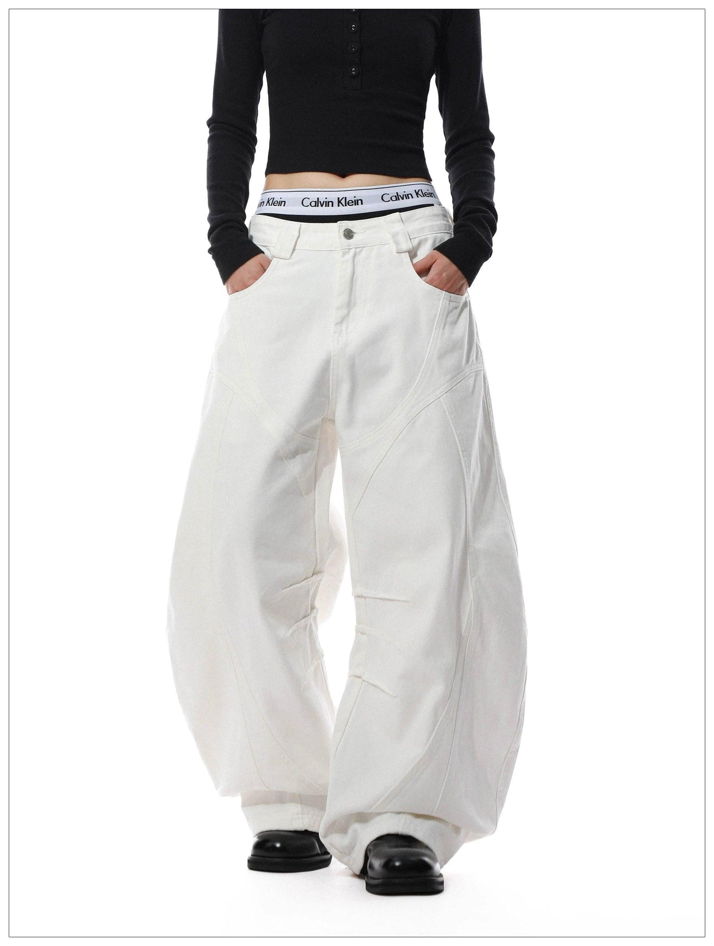 Plain Structured Barrel Pants