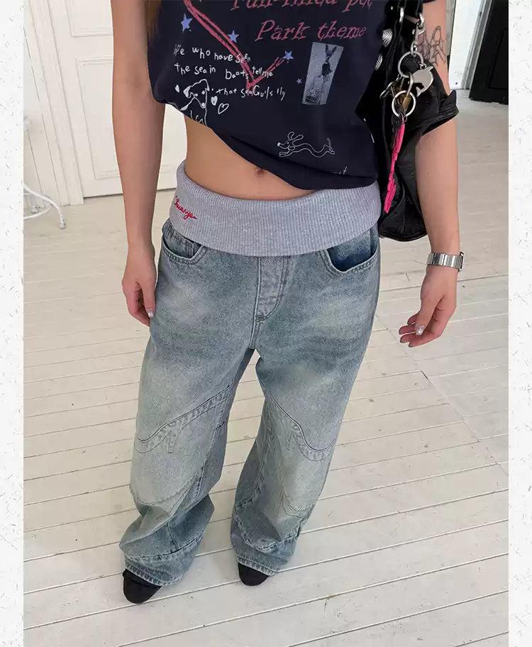Contrast Ribbed Waist Faded Structured Jeans