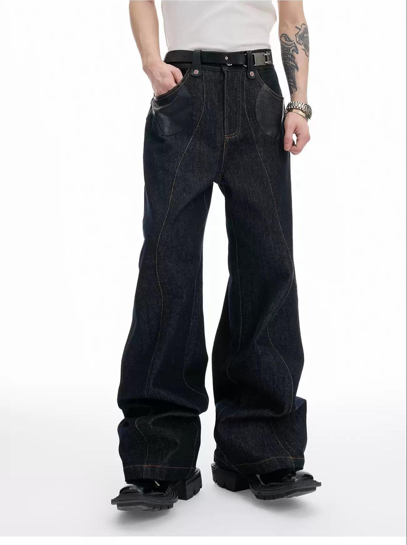 Spliced PU Leather Denim Jacket & Contrast Seamed Jeans Set