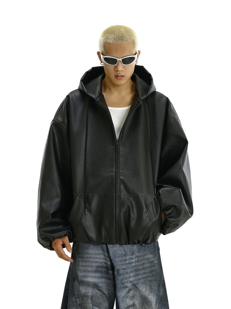 Solid Hooded PU Leather Jacket