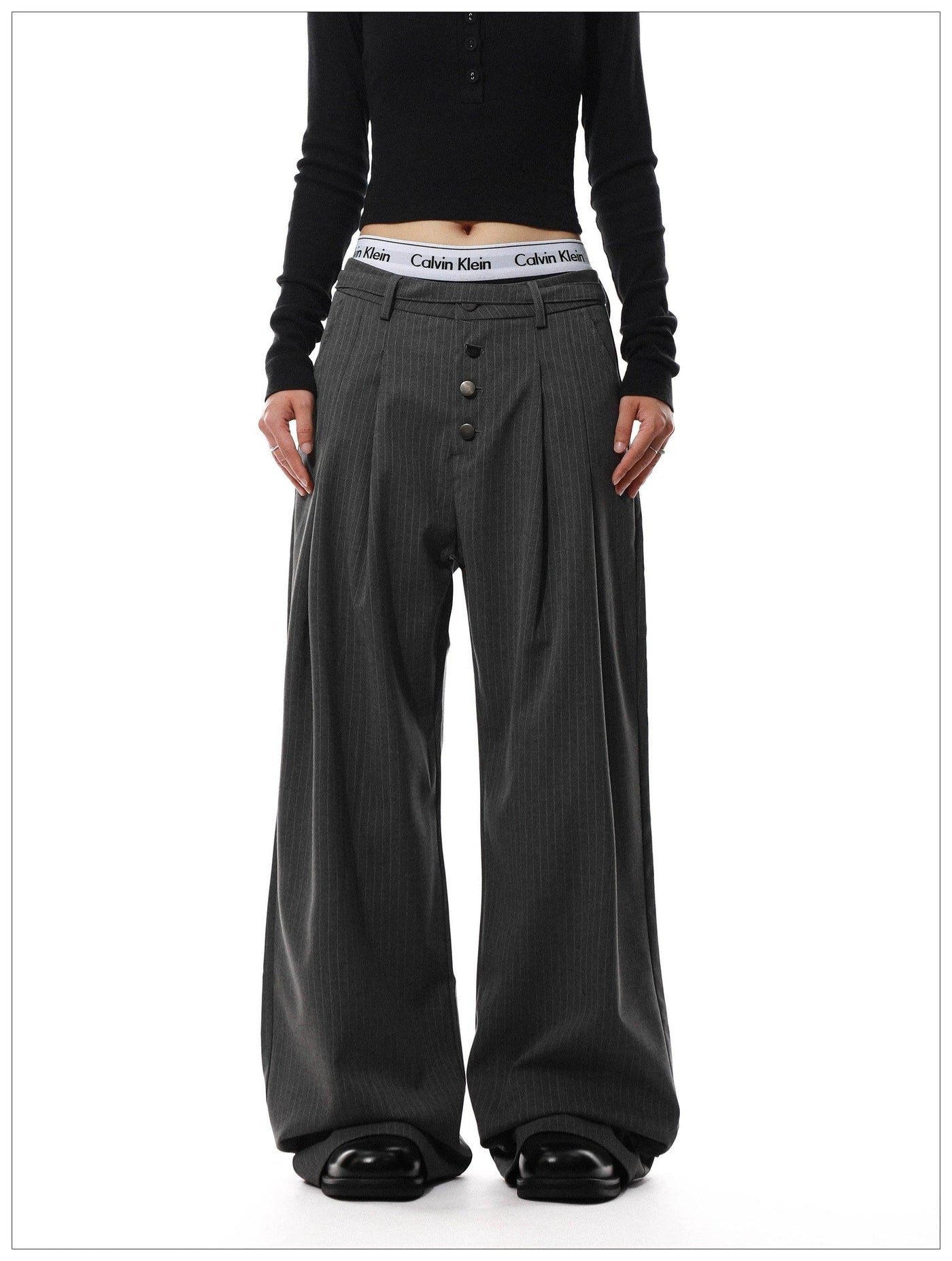 Vertical Stripes Button-Down Trousers