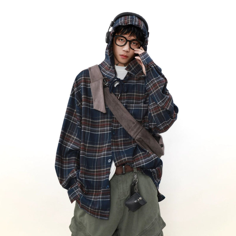 Pull String Hood Plaid Shirt