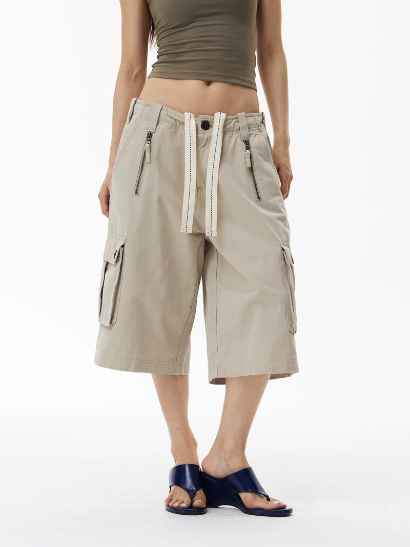 Drawstring Wide Leg Cargo Shorts