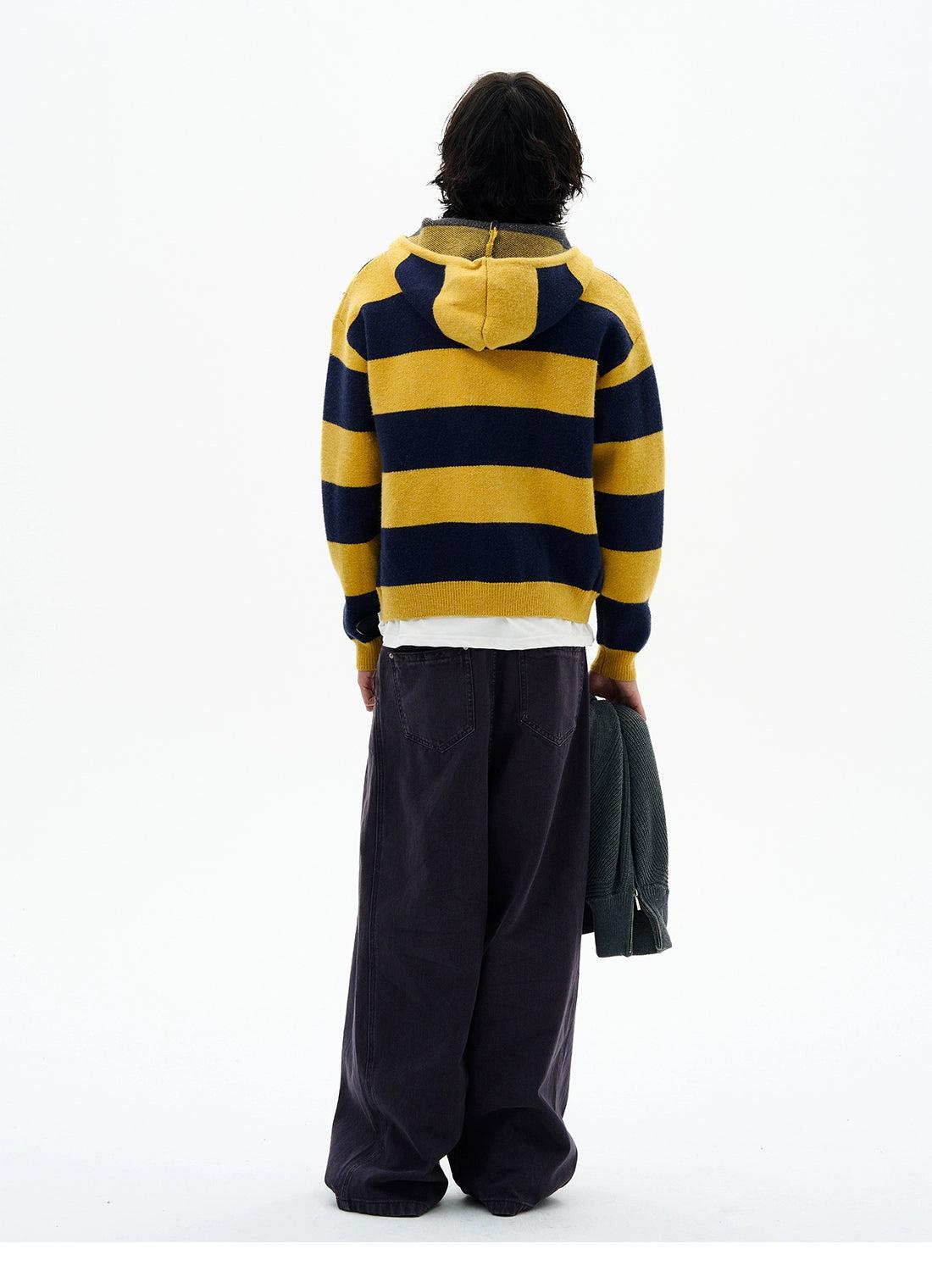 Wide Striped Zip-Up Knit Hoodie