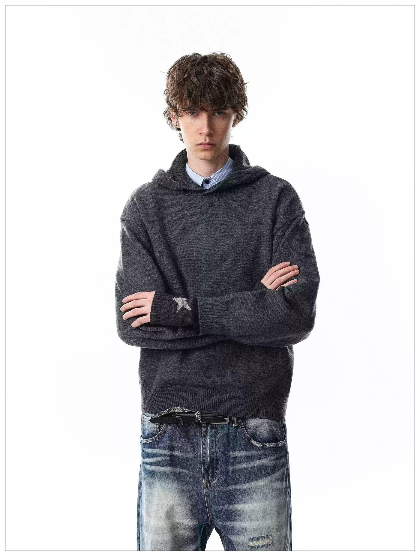 Solid Color Ribbed Knit Hoodie