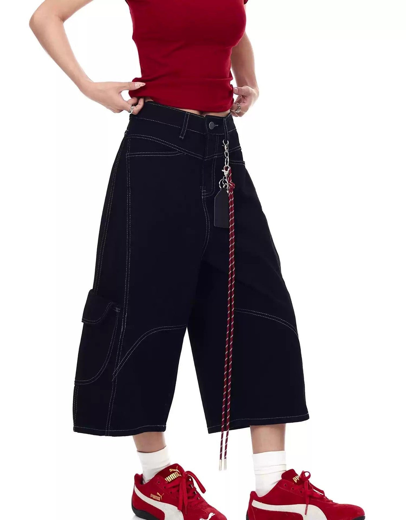 Topstitch String Detail Denim Shorts