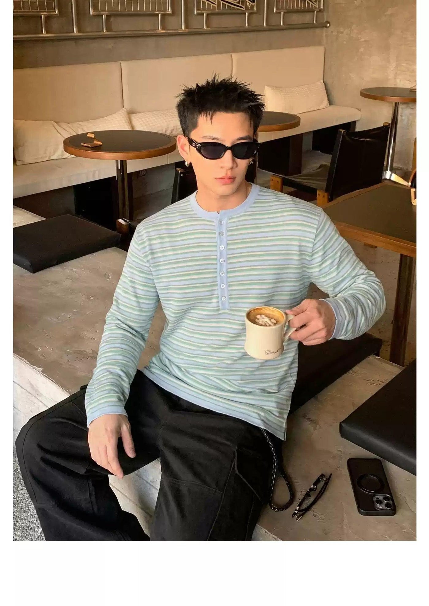 Striped Henley Collar L/S T-Shirt