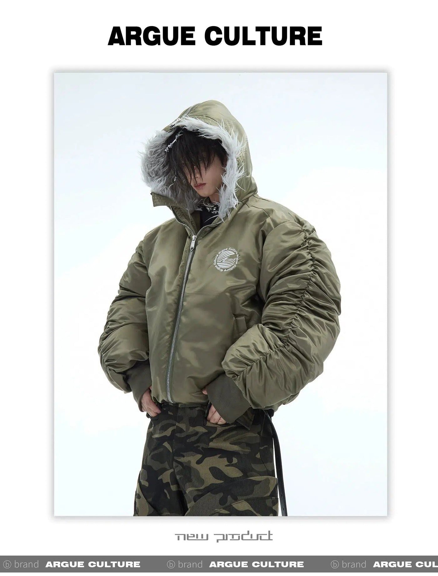 Pleated Fur Hooded Bomber Jacket