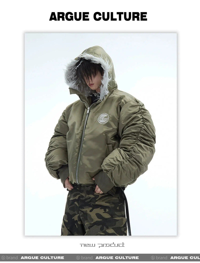 Pleated Fur Hooded Bomber Jacket