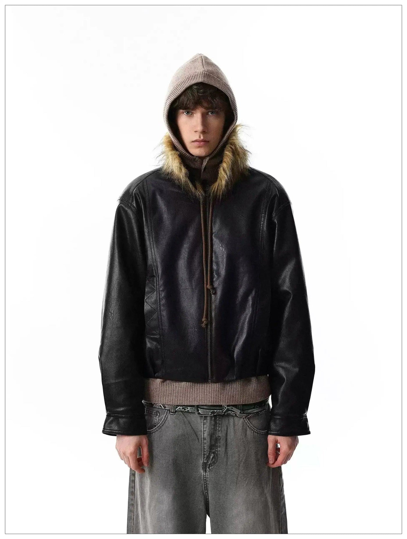 Faux Fur Collar PU Leather Short Jacket
