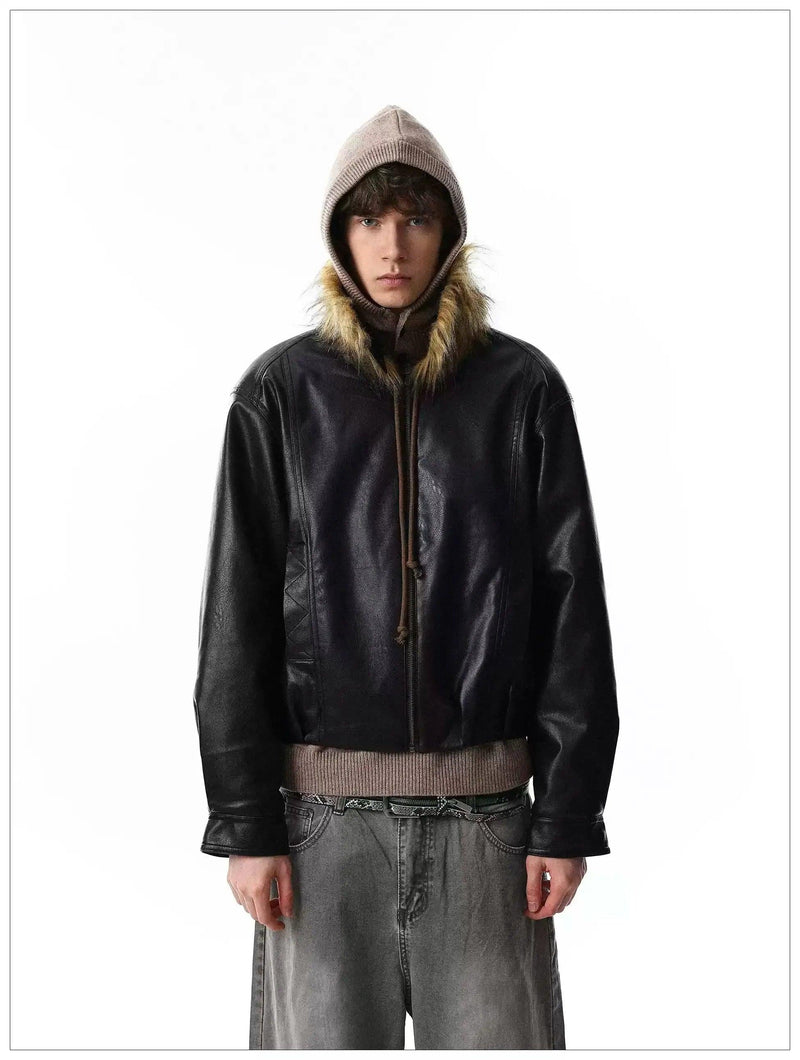 Faux Fur Collar PU Leather Short Jacket