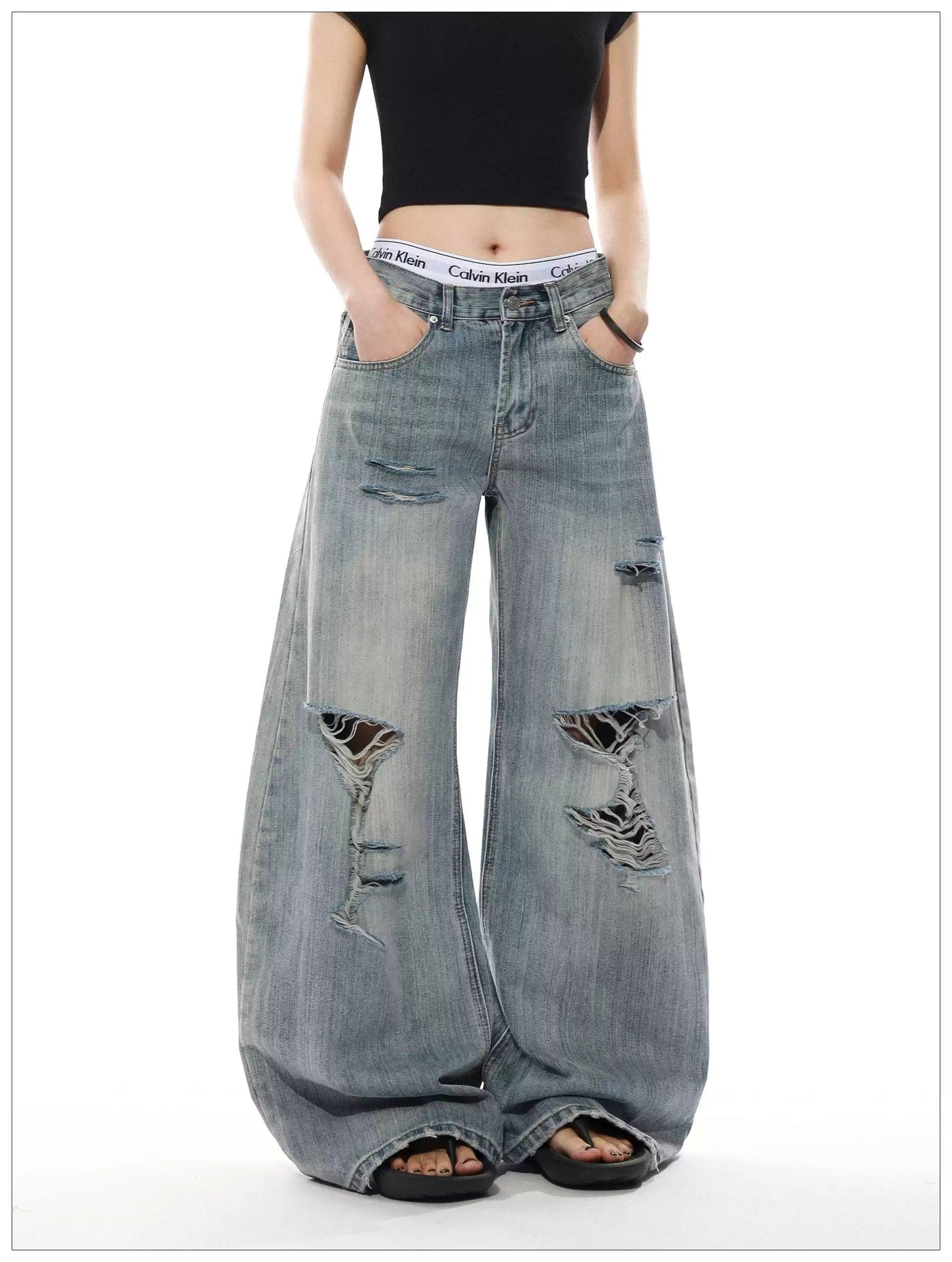 Textured Distressed Wide Jeans