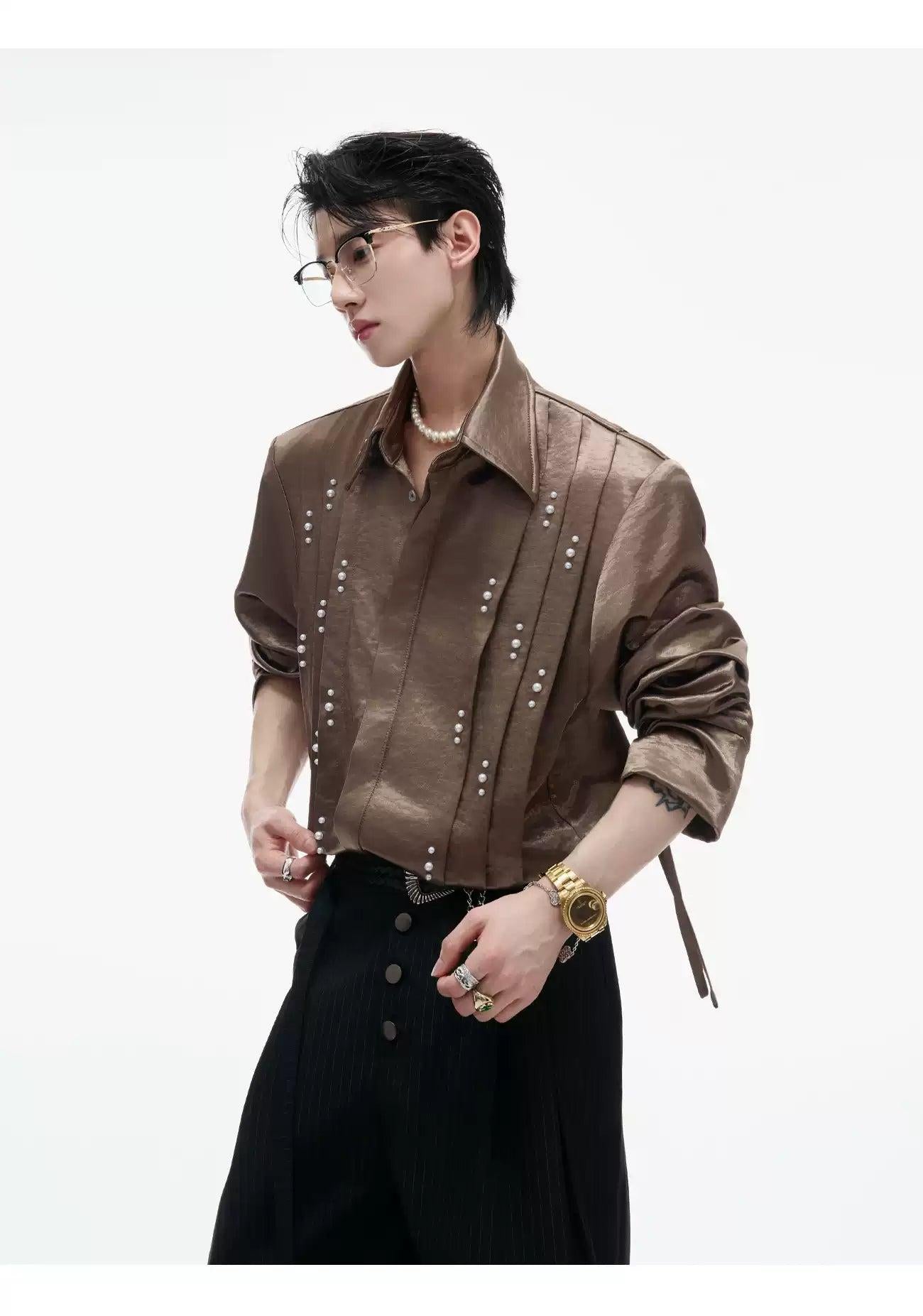 Pearl Details Pleated Sheer Shirt
