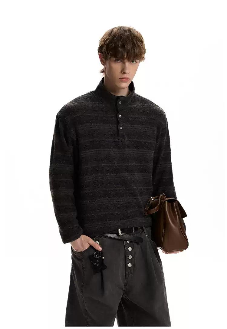 Textured Striped Half-Buttoned Mockneck