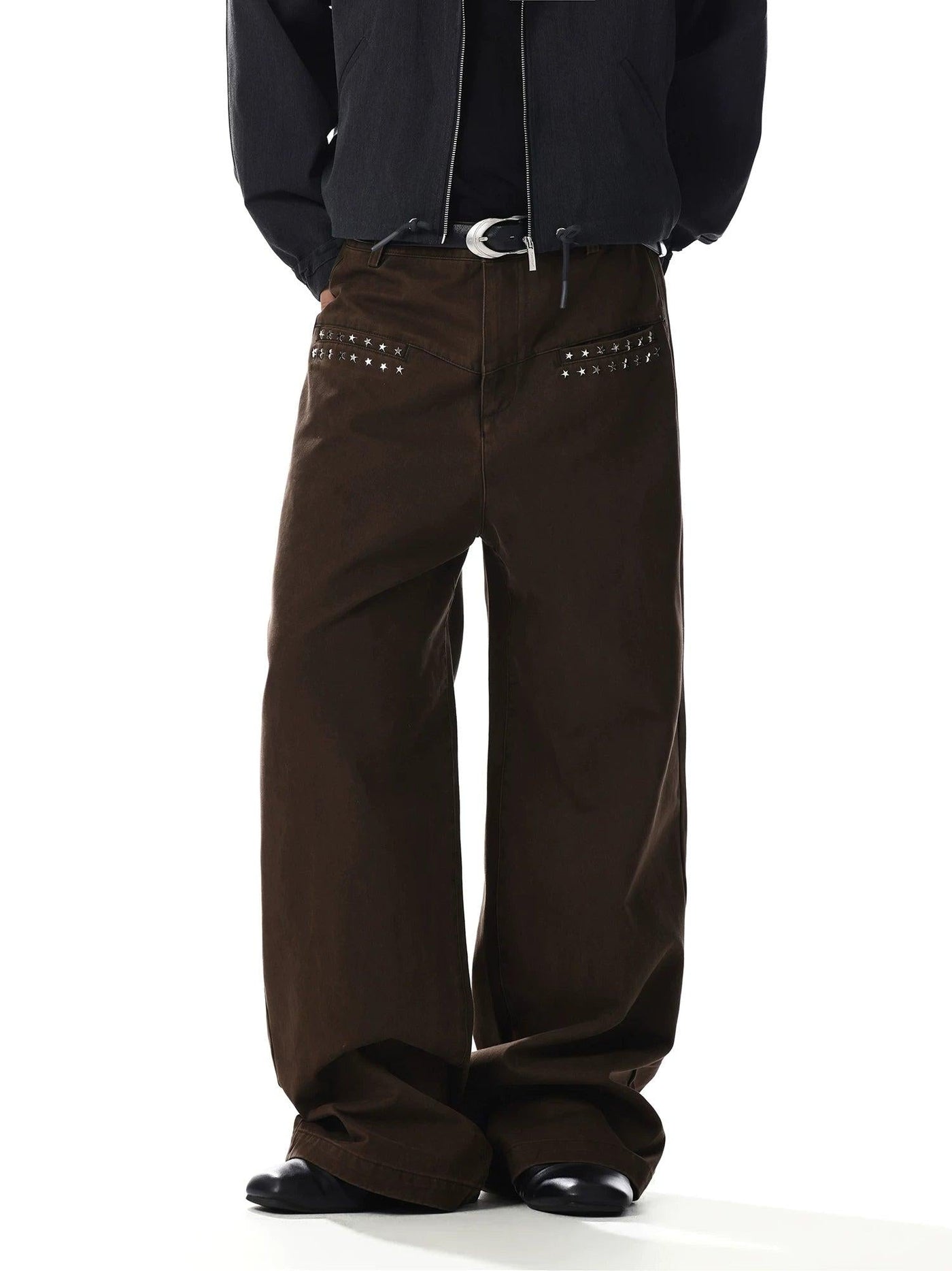 Washed Rivet Detail Wide Leg Jeans