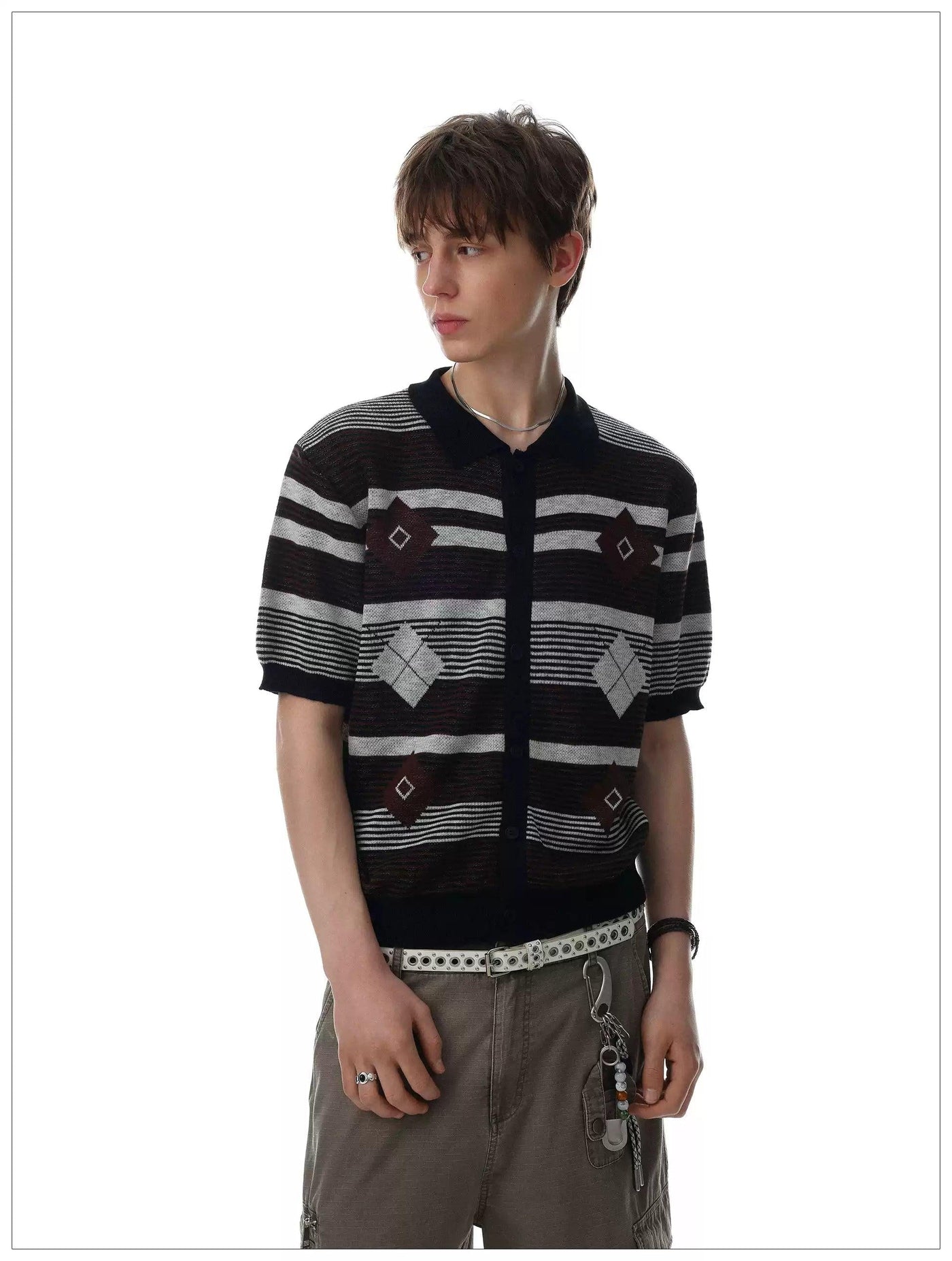 Stripe Diamond Pattern Knit Shirt