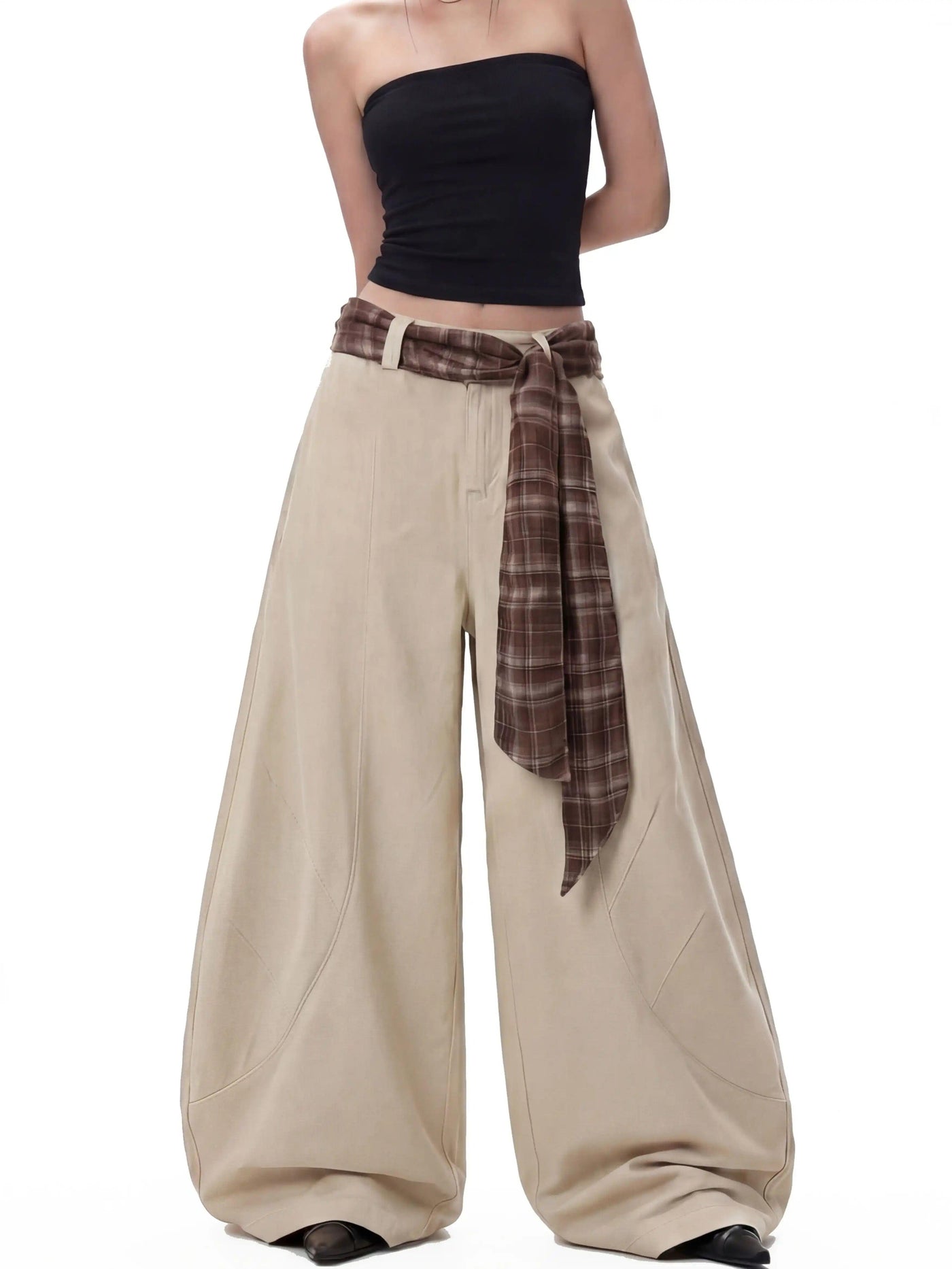 Plaid Belt Structured Wide Leg Pants