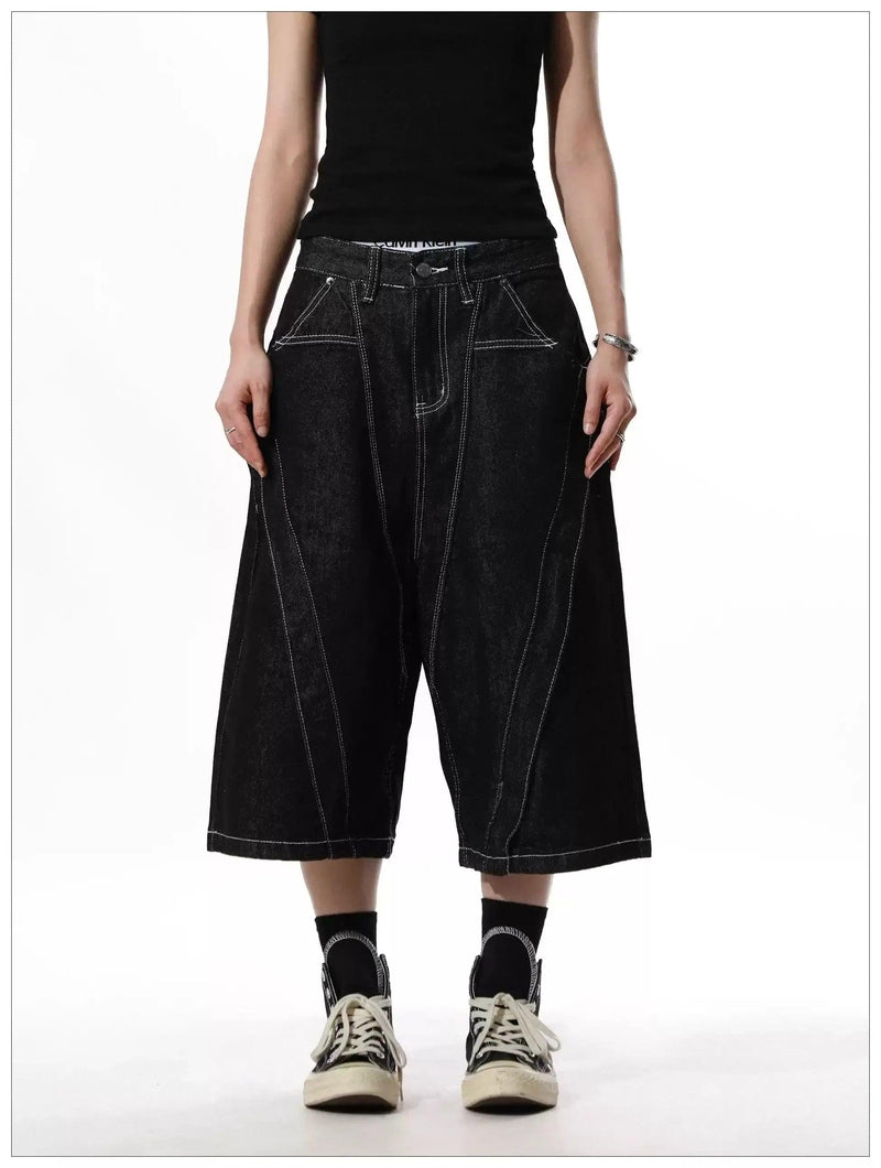 Contrast Diagonal Lined Denim Shorts
