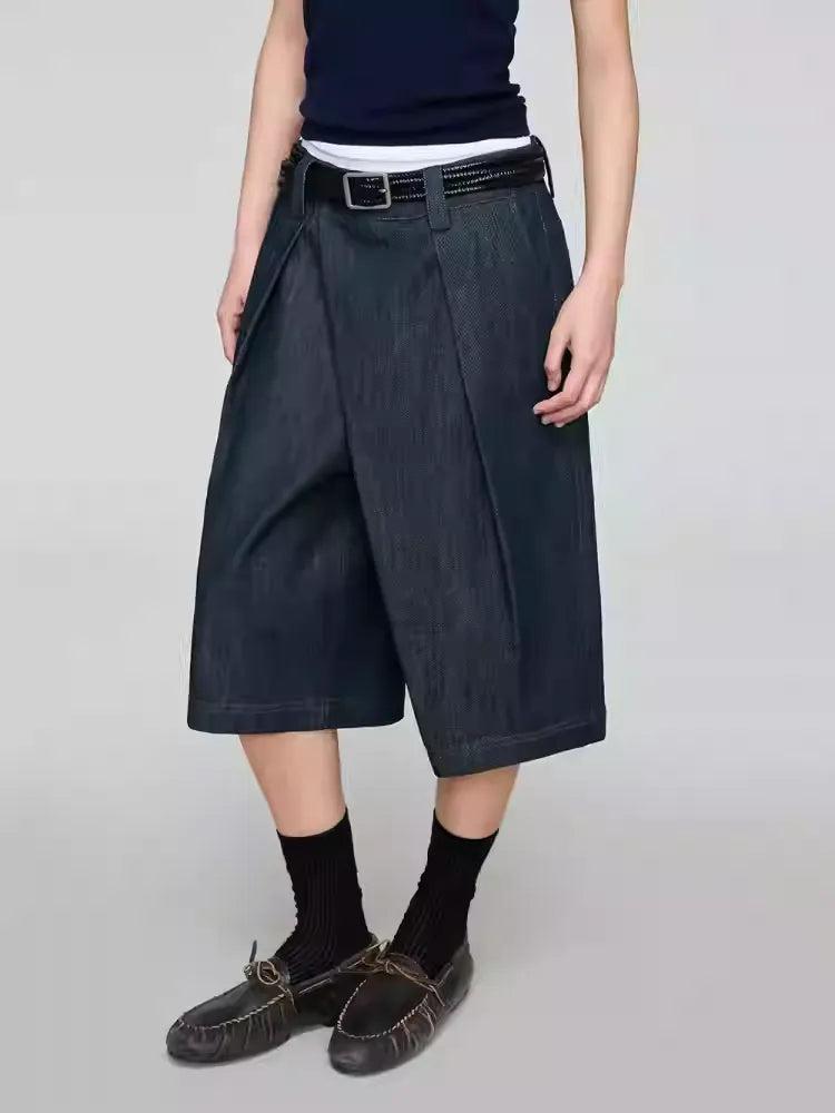 Slant Placket Wide Denim Shorts