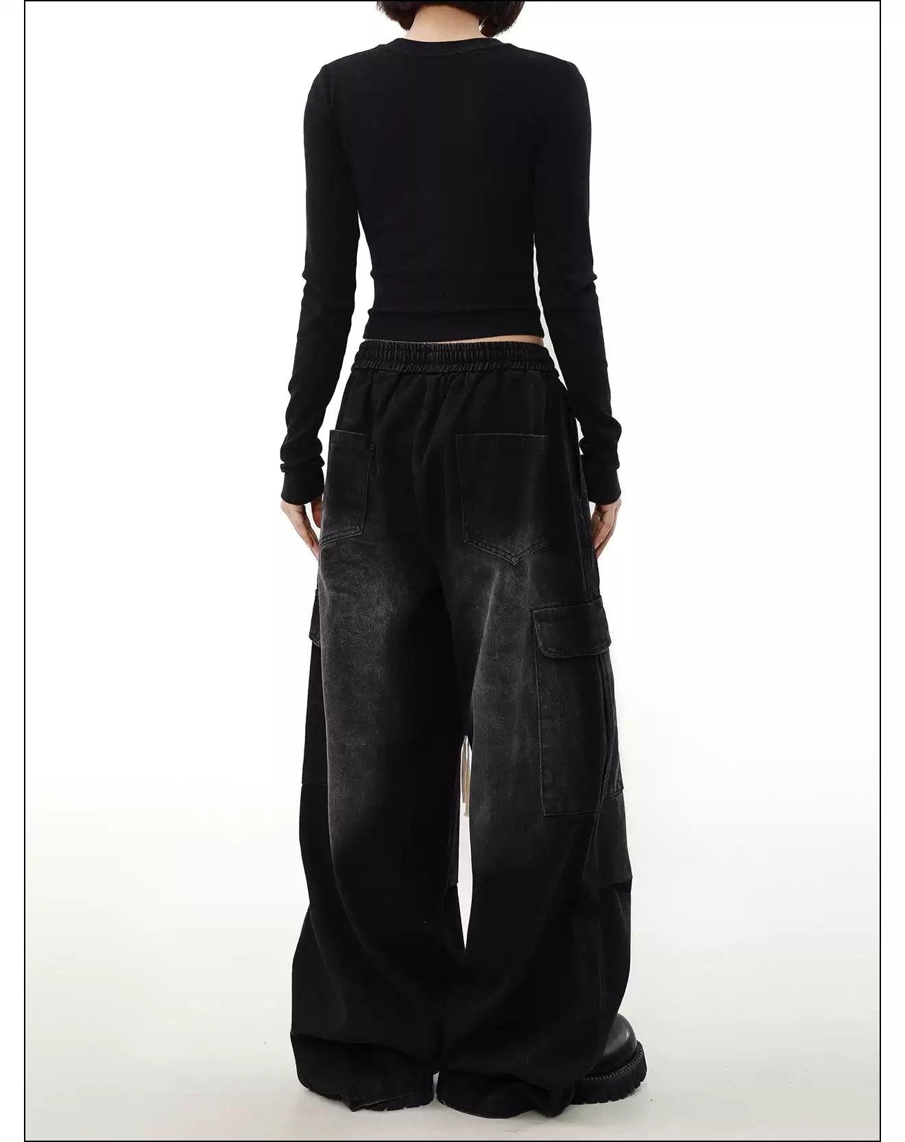 Faded Drawstring Pleated Cargo Jeans