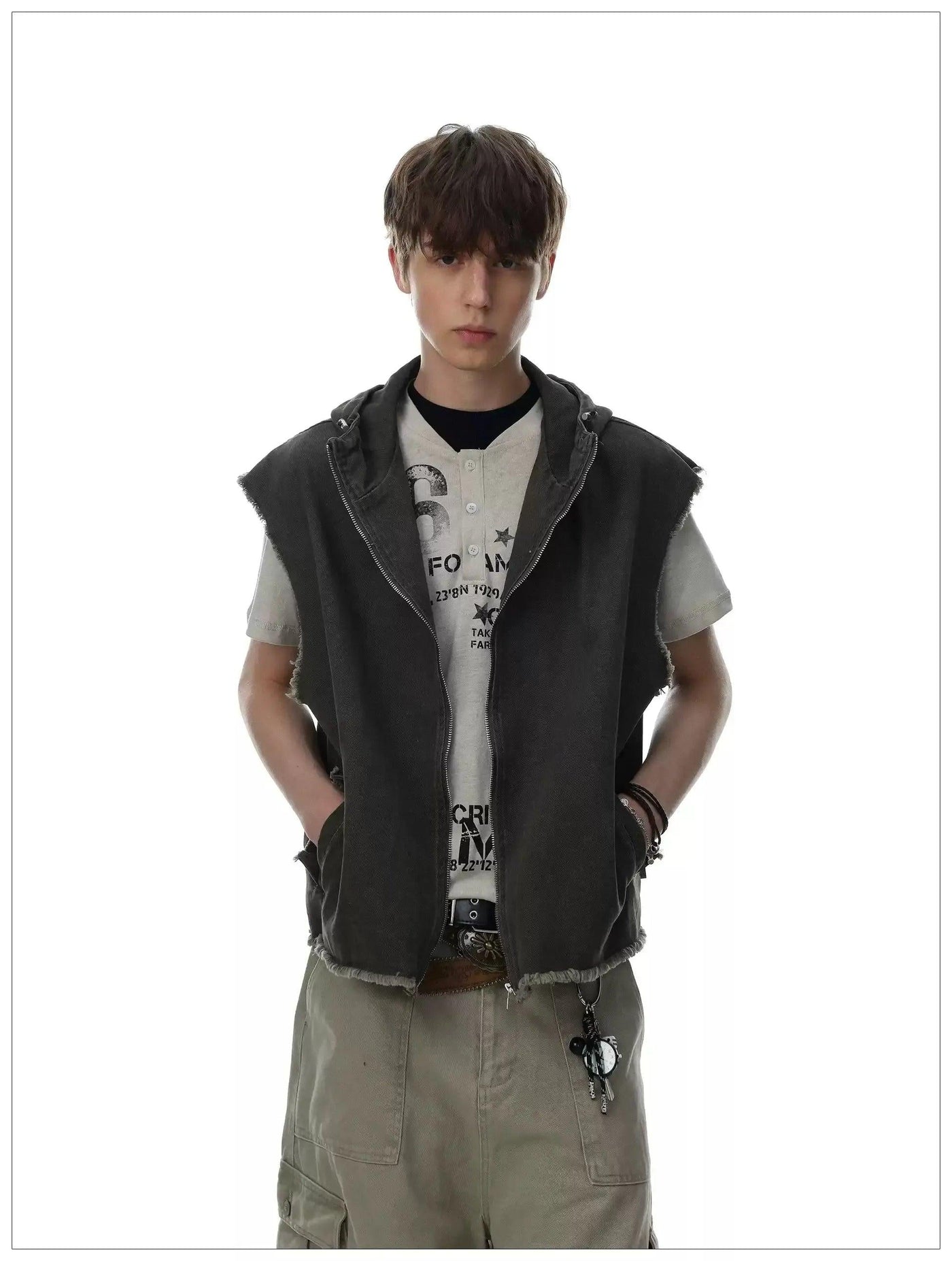 Grunged Frayed Hooded Vest