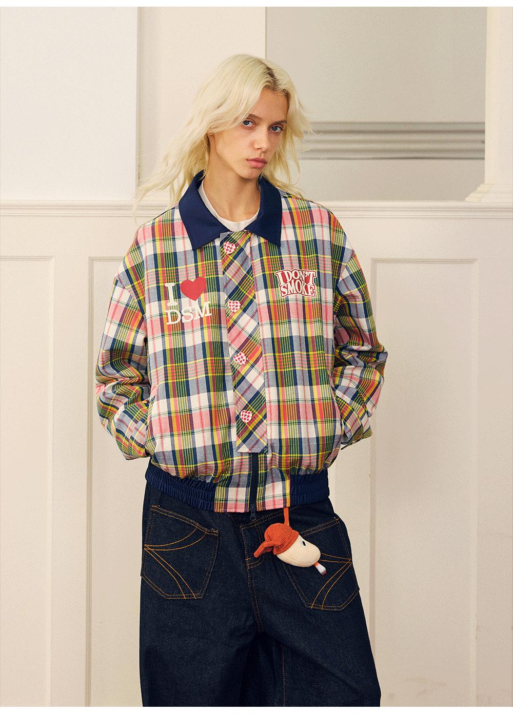Plaid Pattern Heart Buttoned Jacket