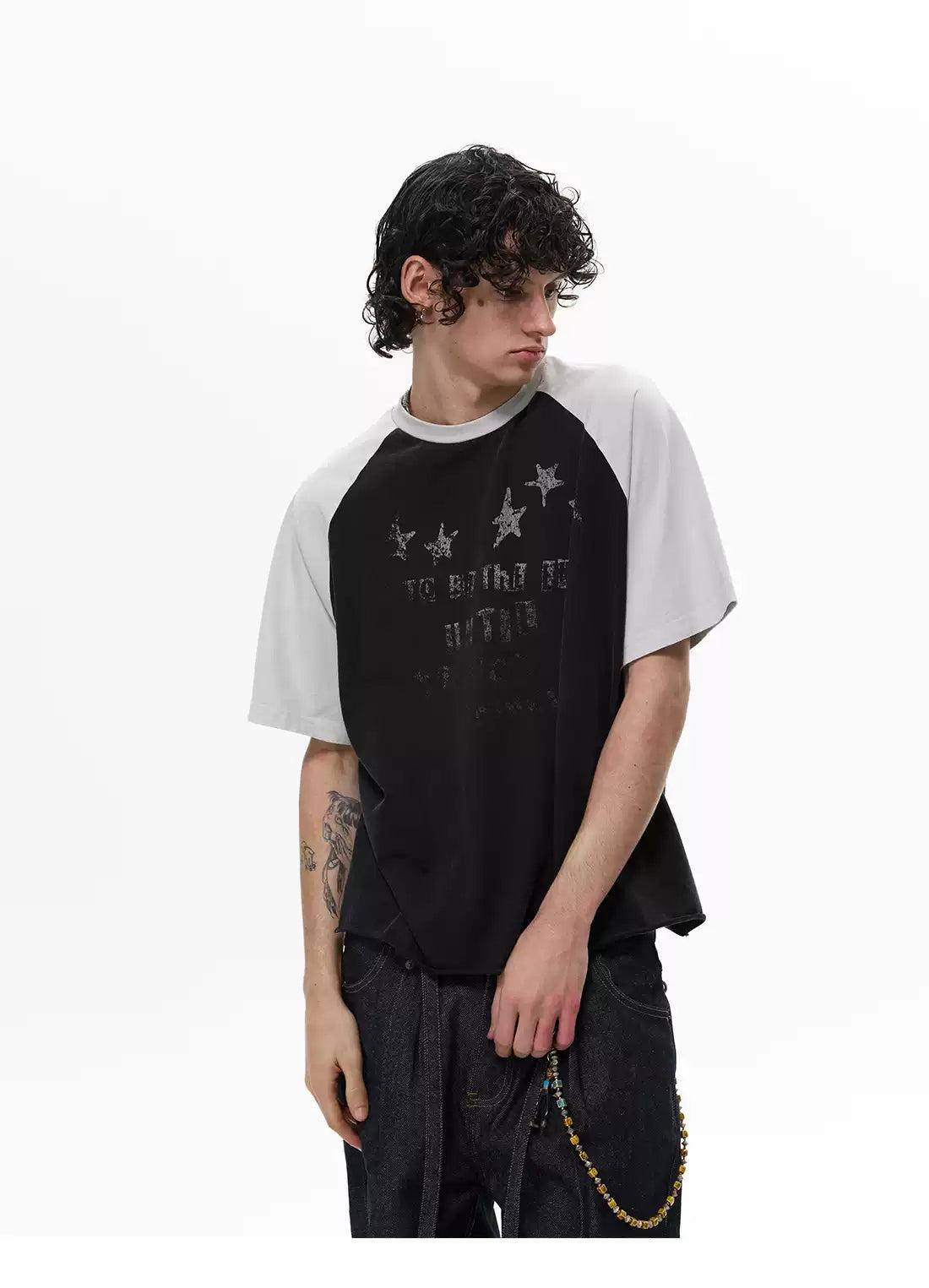 Grunge Print Contrast Block Raglan T-Shirt