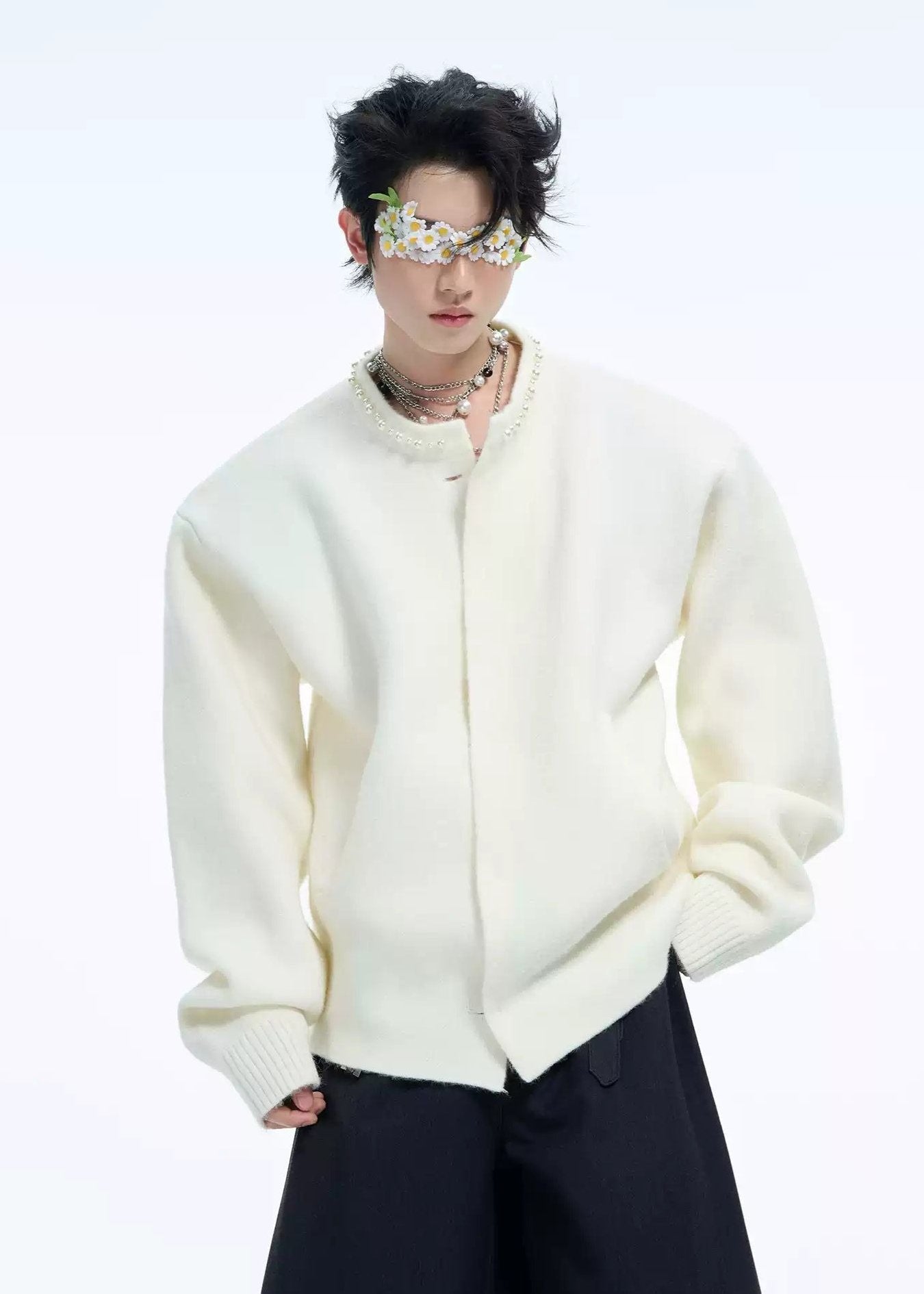 Pearled Necklace Plain Color Jacket