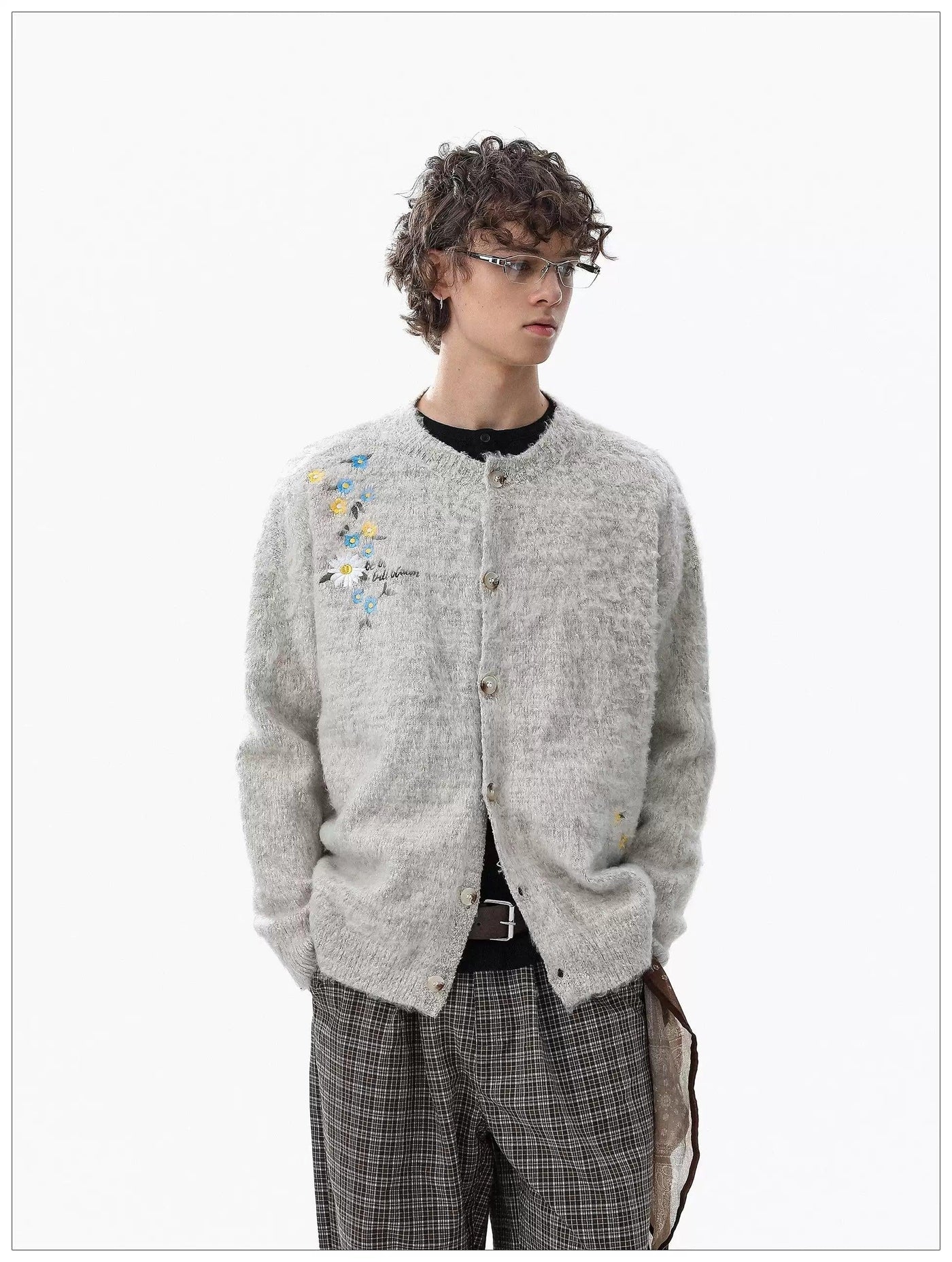 Embroidered Flower Fuzzy Cardigan