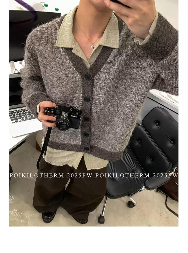 Contrast Fuzzy Knit V-Neck Cardigan