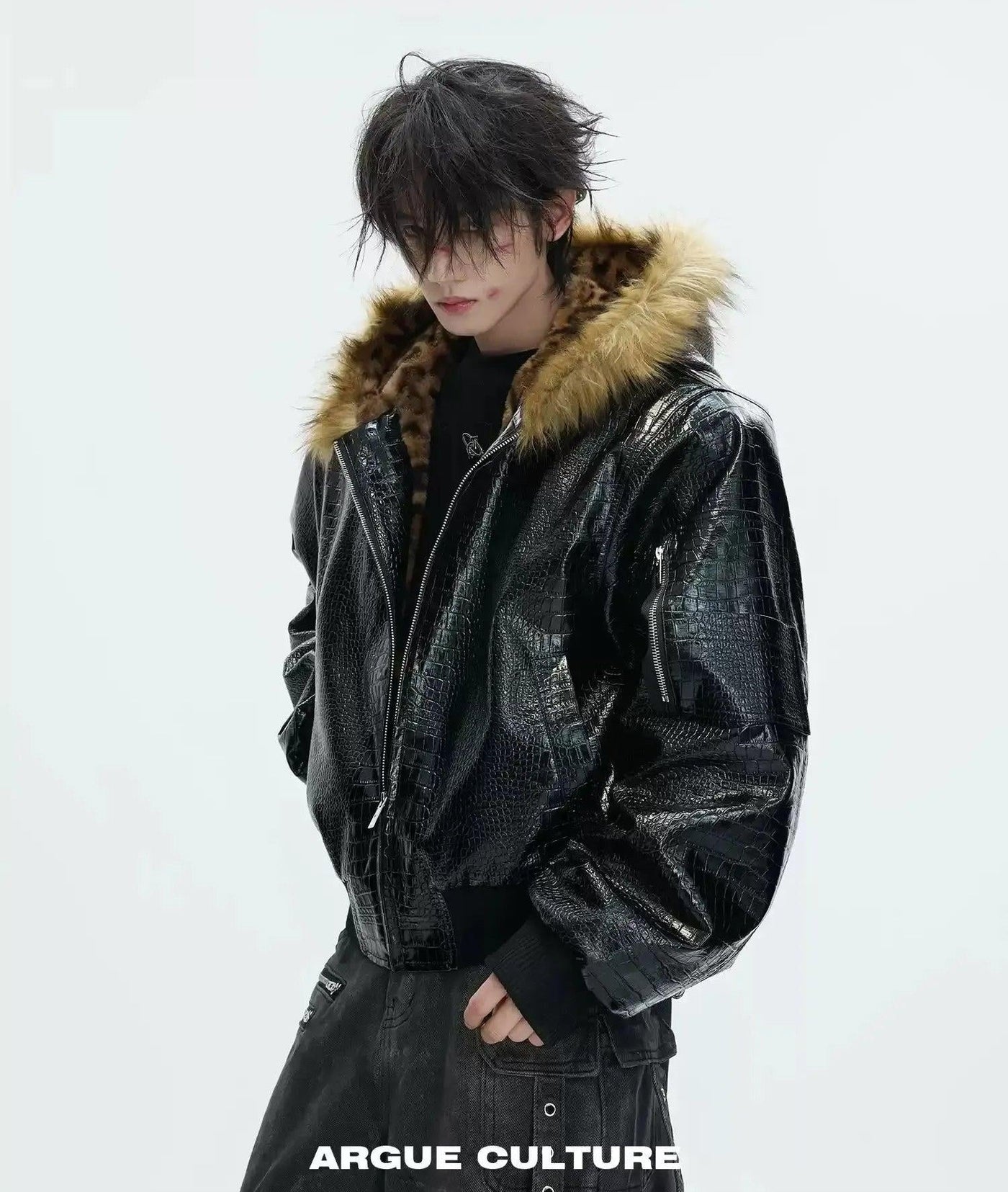 Reversible Leopard Print Faux Fur Textured PU Leather Jacket