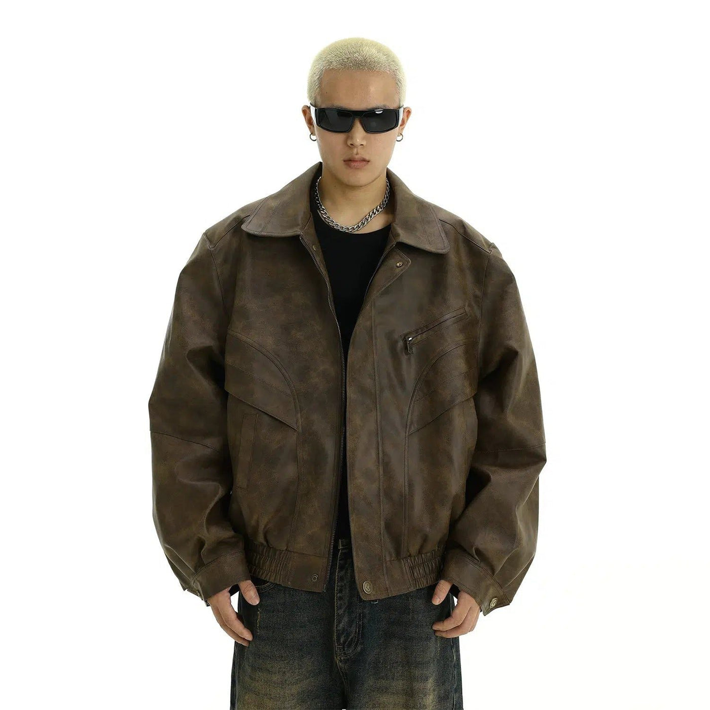 Tie-Dyed Lapel PU Leather Jacket