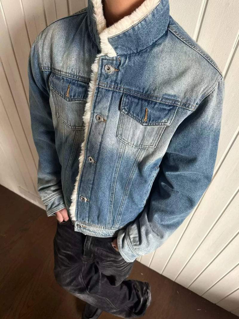 Faux Fur Outlined Washed Denim Jacket