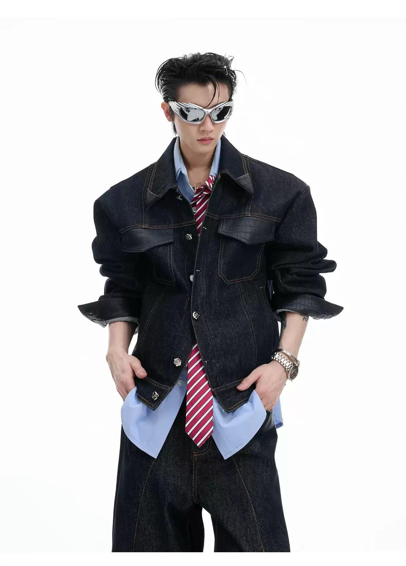 Spliced PU Leather Denim Jacket & Contrast Seamed Jeans Set