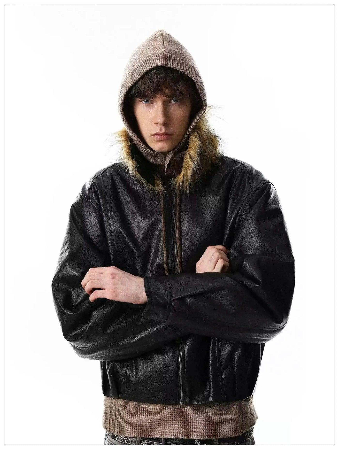 Faux Fur Collar PU Leather Short Jacket