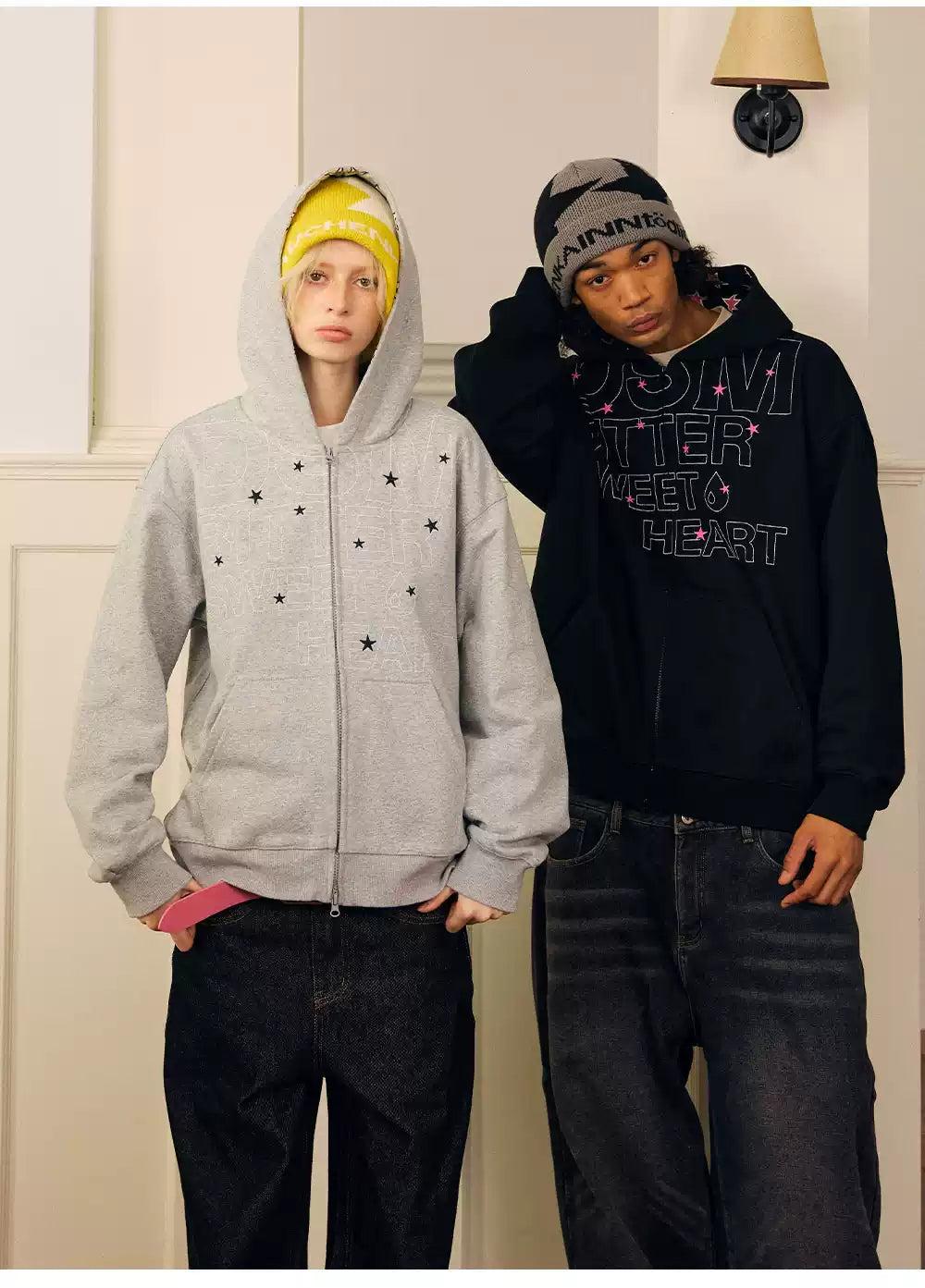 Outlined Logo and Star Print Zipped Hoodie