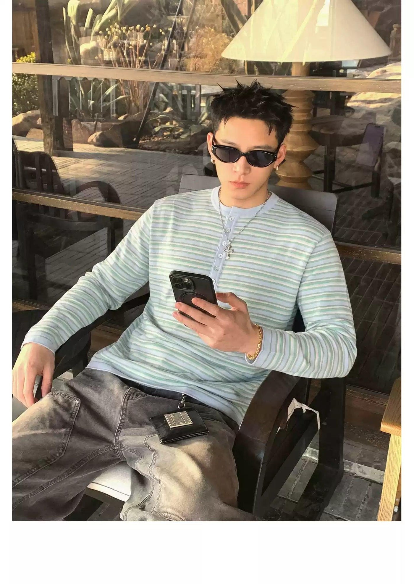 Striped Henley Collar L/S T-Shirt