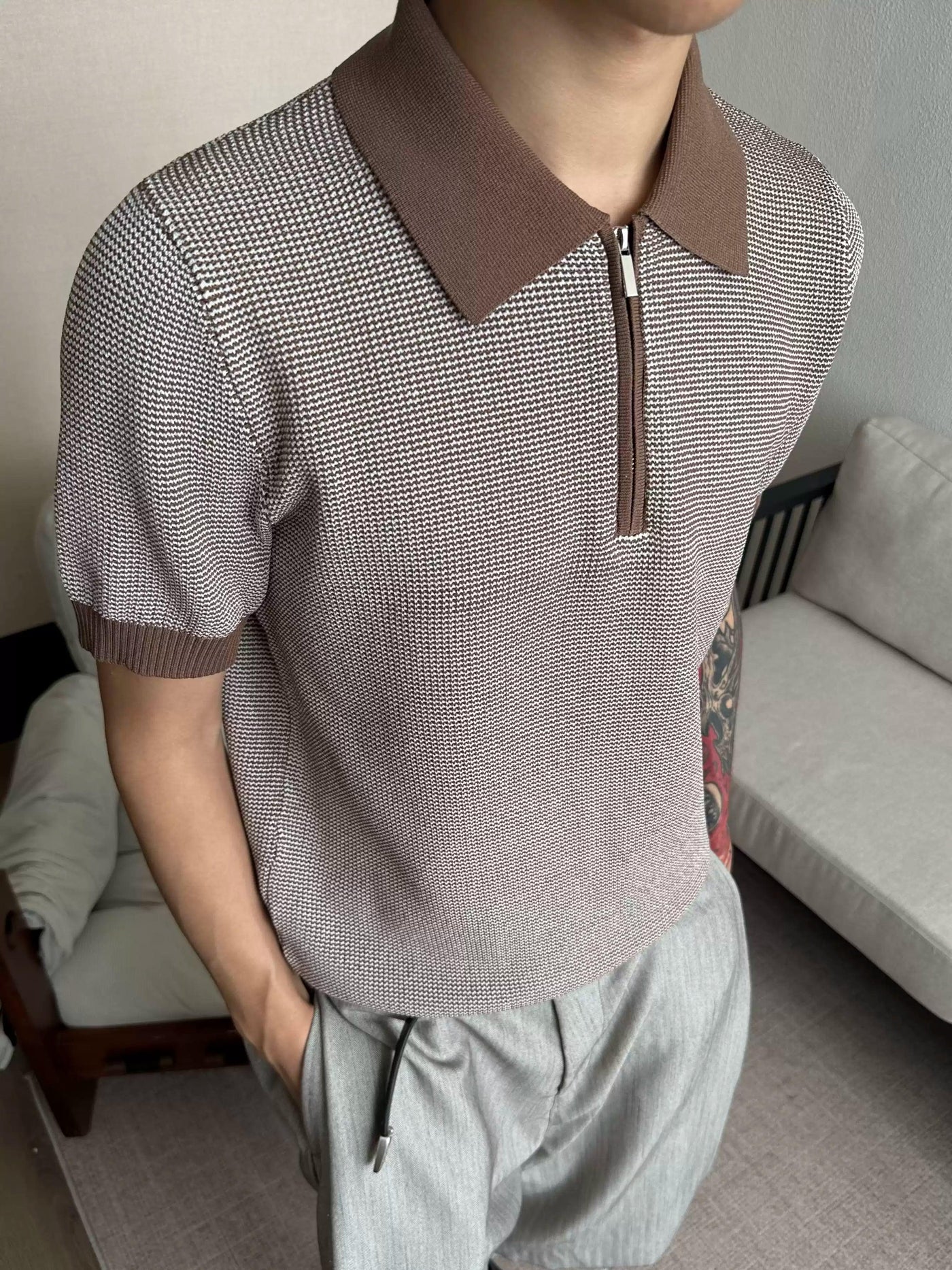 Textured Contrast Half-Zipped Knit Polo