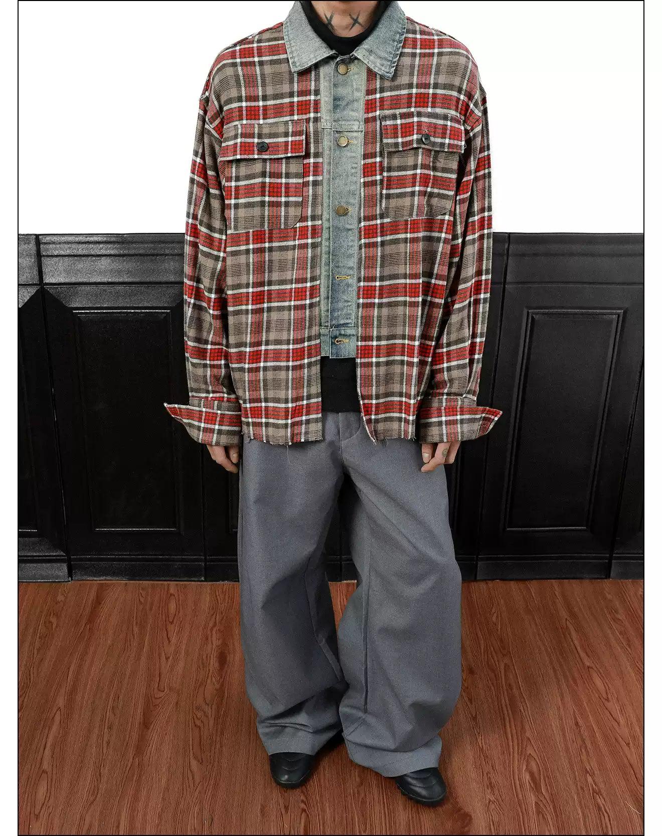 Spliced Denim Plaid Shirt