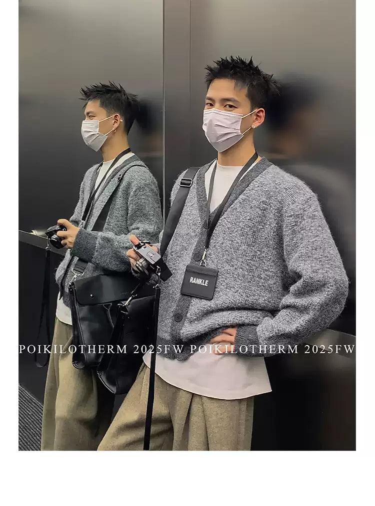Contrast Fuzzy Knit V-Neck Cardigan