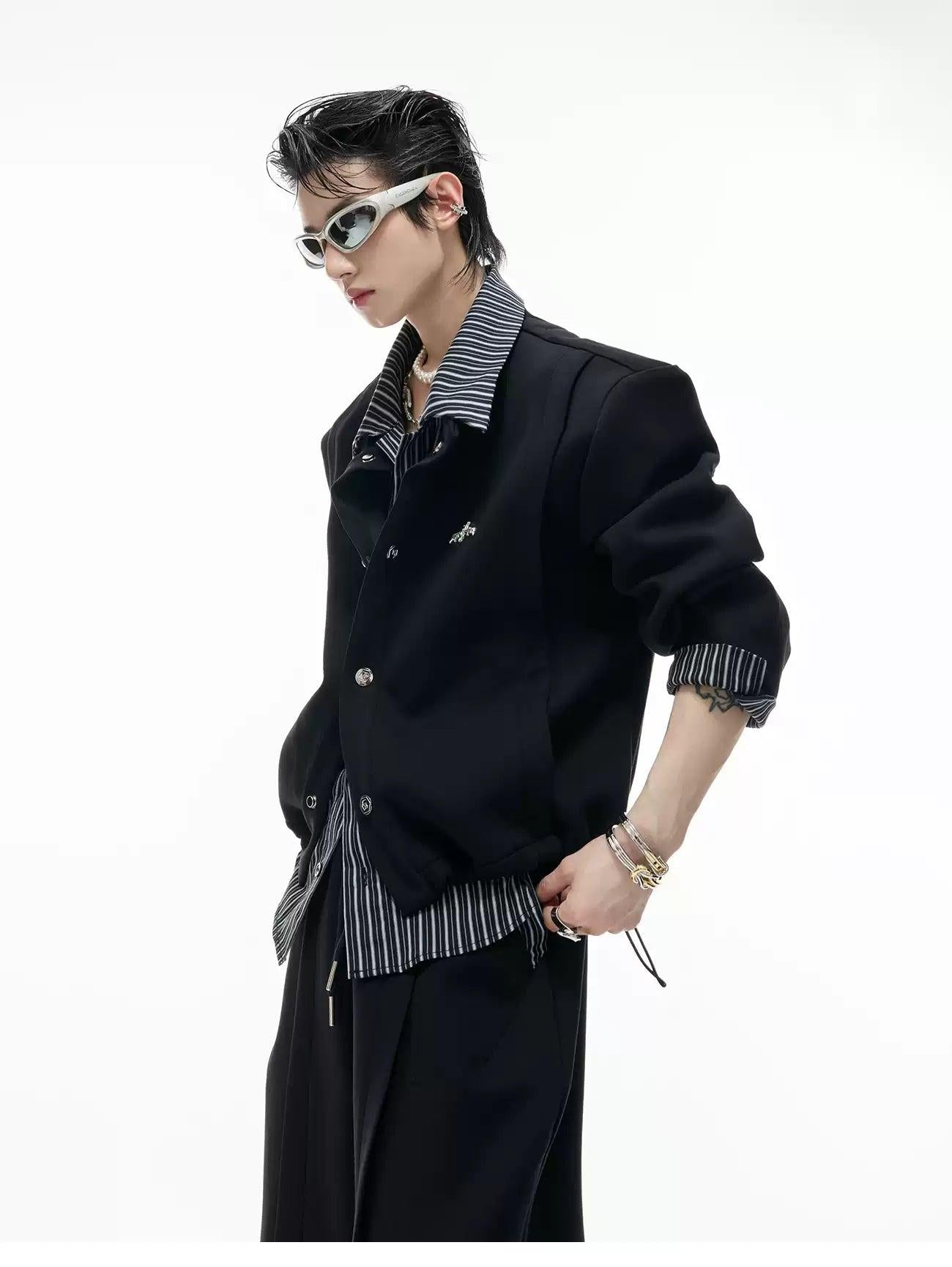 Layered Stripe Buttoned Jacket & Drawstring Sweatpants Set
