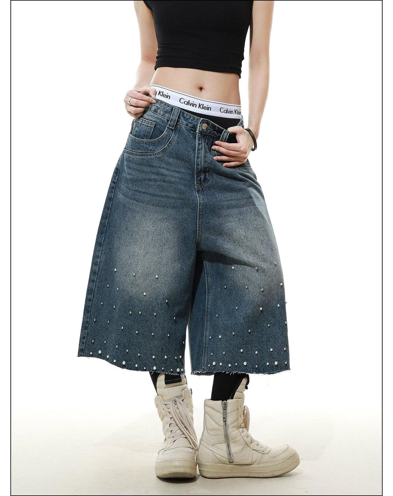 Pearled and Faded Denim Shorts