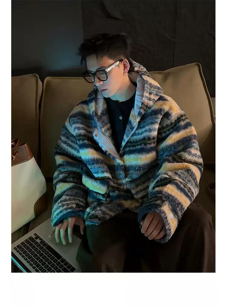 Contrast Striped Hooded Fleece Jacket